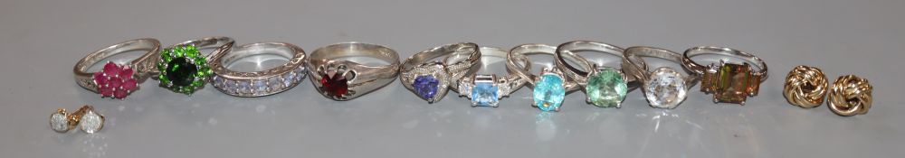 A pair of small 9ct gold ad diamond cluster ear studs, one other 375 pair, (9ct gross 2.4 grams) and ten assorted 925 dress rings
